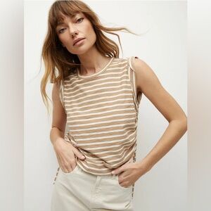 NWT Veronica Beard Vinci Ruched Cotton Off White/Khaki Stripe Muscle Tee, Size M